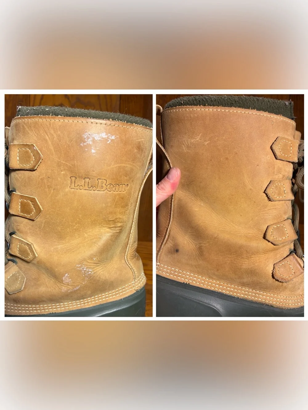 L.L. Bean Duck Snow Boots Removable Liners Brown Leather Green Rubber Men’s 11